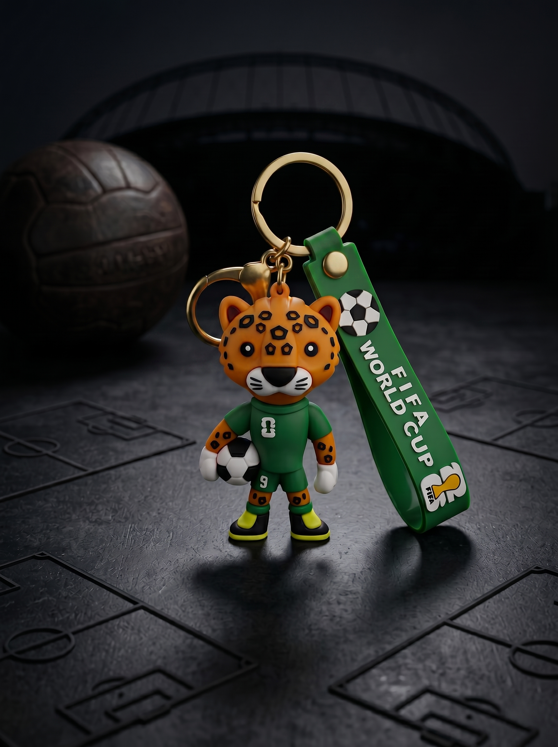 FIFA World Cup Leopard Football Keychain | Cute Animal Football Player PVC Charm Key Ring with Silicone Strap & Metal Clasp | Bag Accessory, Key Holder, Car Decor & Gift for Football Fans