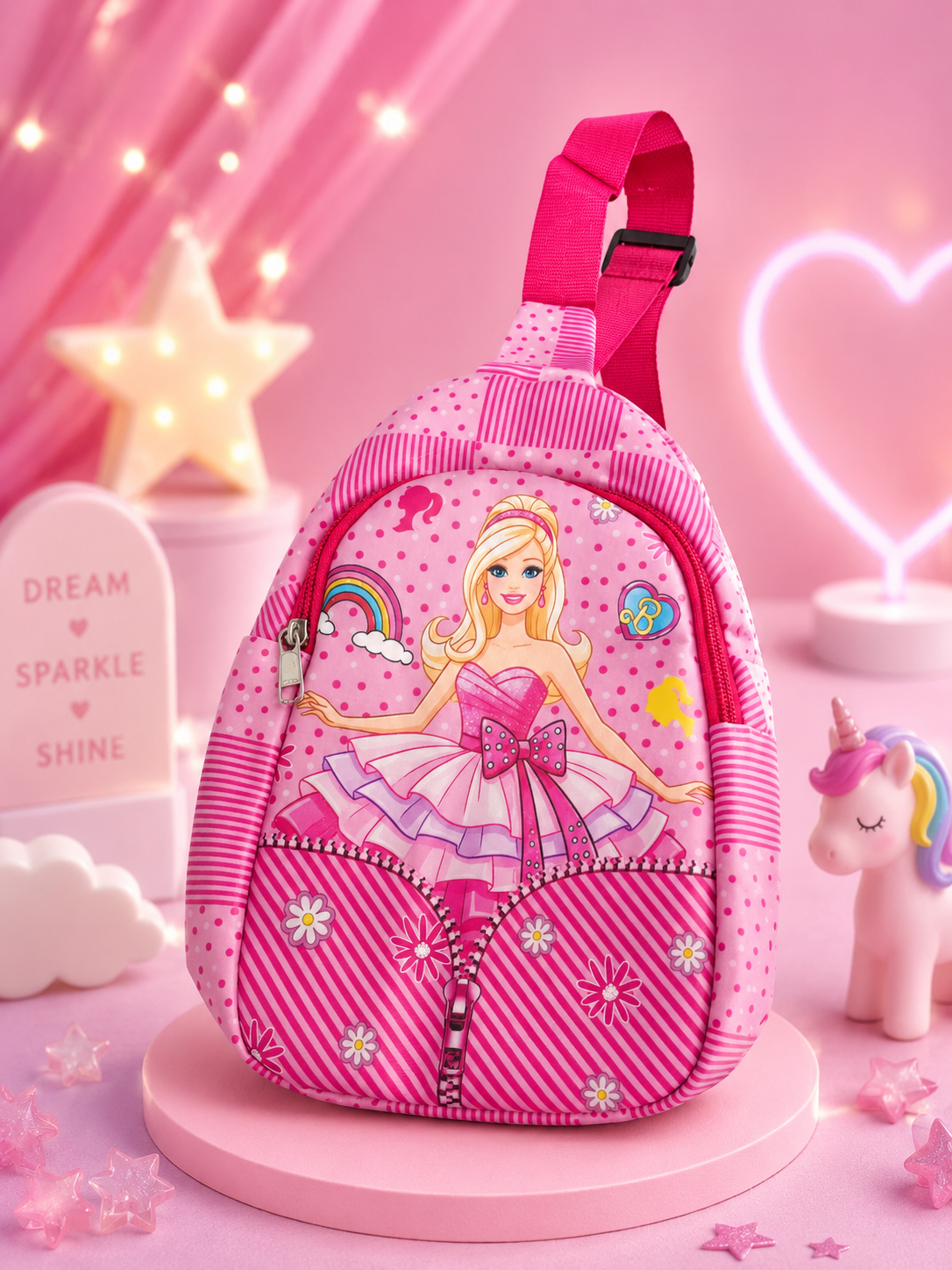 Barbie Chest Bag for Girls | Pink Kids Sling Crossbody Bag with Adjustable Strap & Smooth Zipper | Cute Mini Backpack for School, Travel, Day Out, Picnic & Gifting