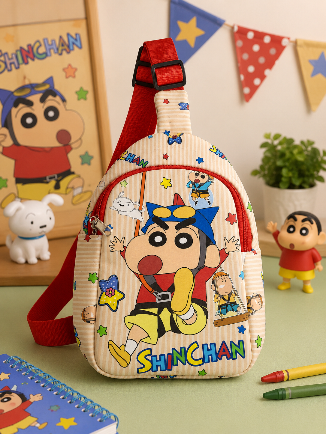 Shinchan Kids Chest Bag | Fun Colorful Cartoon Sling Bag with Spacious Compartment, Adjustable Shoulder Strap & Durable Zipper | Cute Bag for Boys & Girls