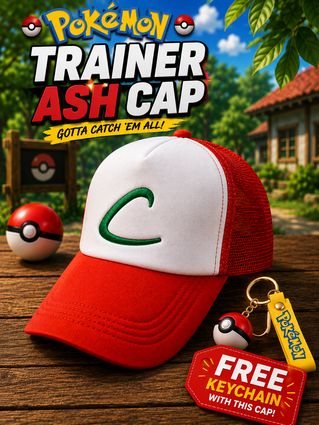 Ash Ketchum Pokémon Trainer Cap with Free Keychain | Red & White Anime Character Baseball Cap with Breathable Mesh & Adjustable Fit | Cosplay Hat for Kids, Fans & Gifting