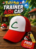 Ash Ketchum Pokémon Trainer Cap with Free Keychain | Red & White Anime Character Baseball Cap with Breathable Mesh & Adjustable Fit | Cosplay Hat for Kids, Fans & Gifting