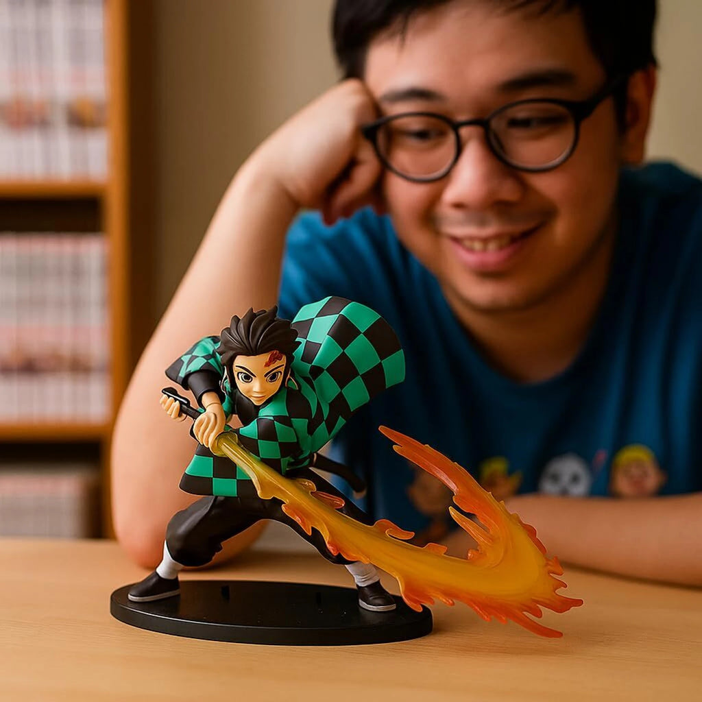 Tanjiro Kamado Demon Slayer Premium Action Figure | 22 cm Anime Collectible Statue with Flame Breathing Sword Effect, Checkered Haori & Black Display Stand