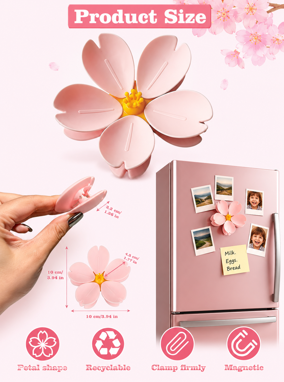 Cute Sakura Flower Magnetic Fridge Clip | Decorative Refrigerator Magnet Clip | Strong Magnetic Memo Holder | Multi-Purpose Snack Bag Sealing Clip | Kitchen & Office Organizer (Pack of 1)