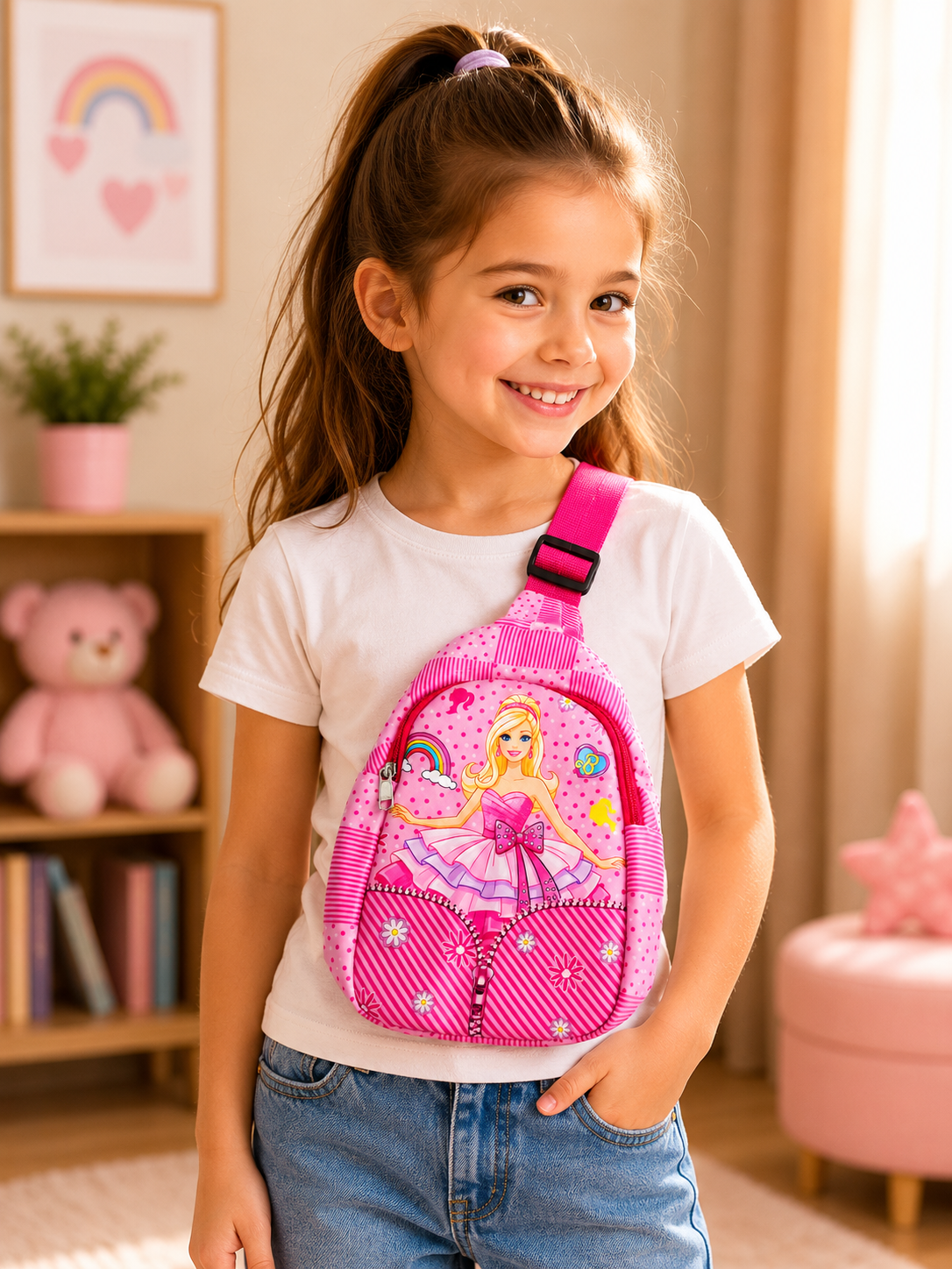 Barbie Chest Bag for Girls | Pink Kids Sling Crossbody Bag with Adjustable Strap & Smooth Zipper | Cute Mini Backpack for School, Travel, Day Out, Picnic & Gifting