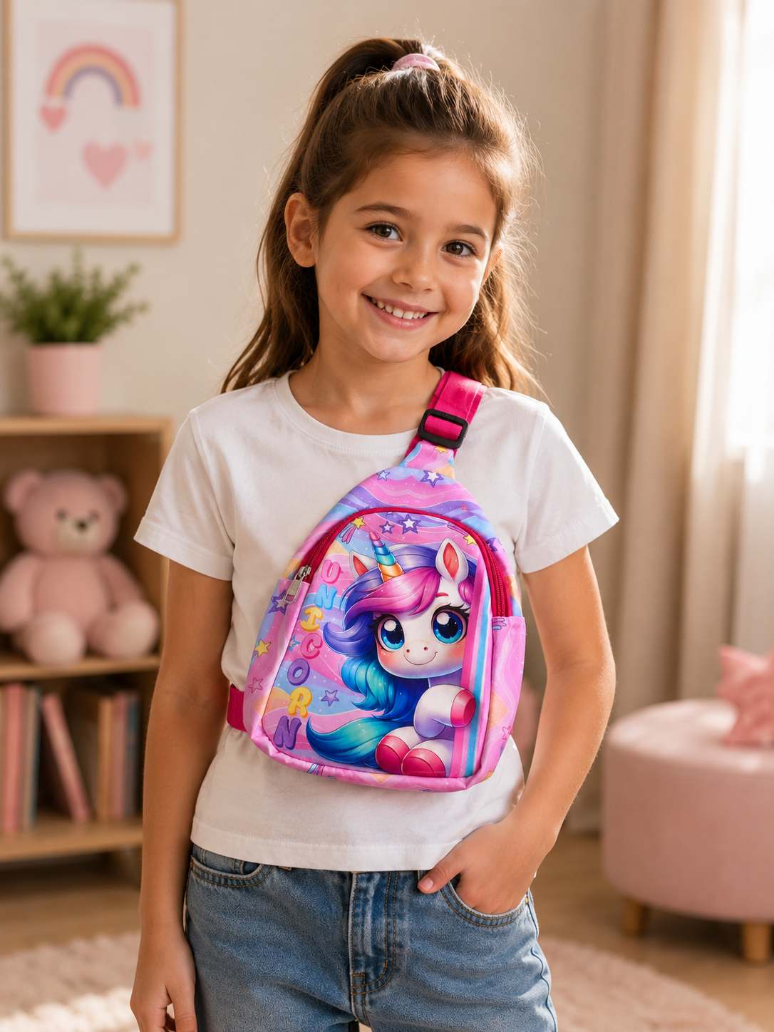Unicorn Kids Chest Bag | Colorful Girls Sling Bag with Spacious Main Compartment, Adjustable Shoulder Strap & Durable Zipper | Cute Bag for School & Travel
