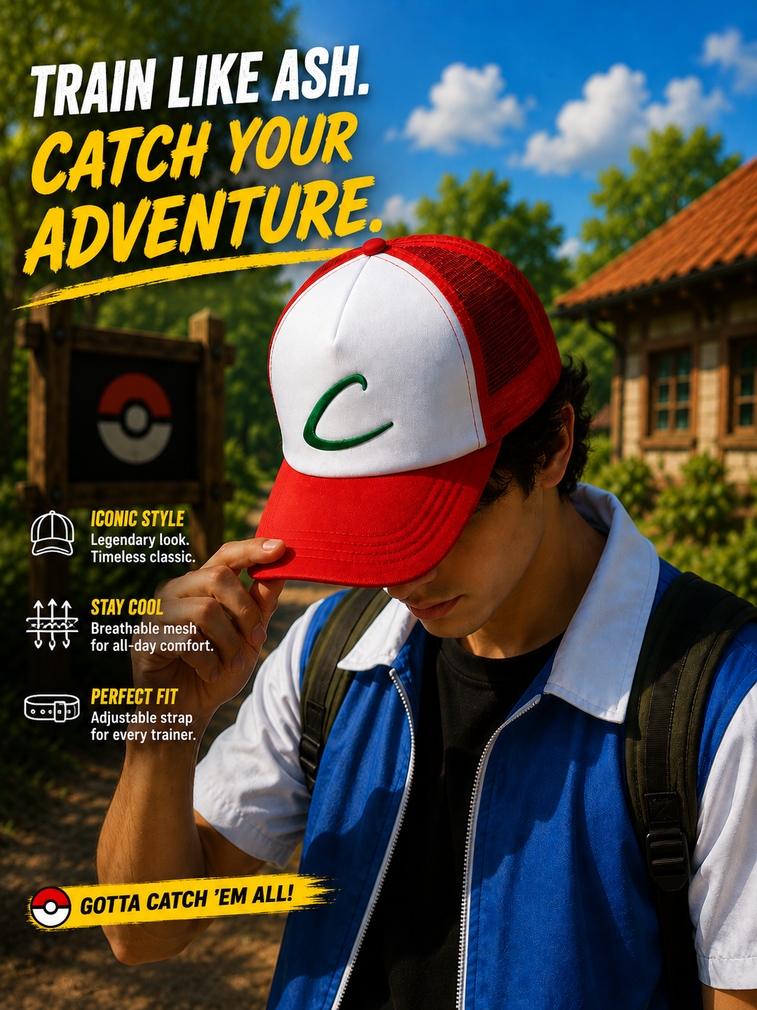 Ash Ketchum Pokémon Trainer Cap with Free Keychain | Red & White Anime Character Baseball Cap with Breathable Mesh & Adjustable Fit | Cosplay Hat for Kids, Fans & Gifting