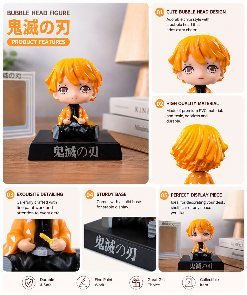 Zenitsu Agatsuma Demon Slayer Bobblehead Figure | Anime PVC Collectible Desk Toy with Sturdy Display Base | Cute Chibi Character Statue for Kids, Anime Fans, Car Dashboard, Room Decor & Gifting