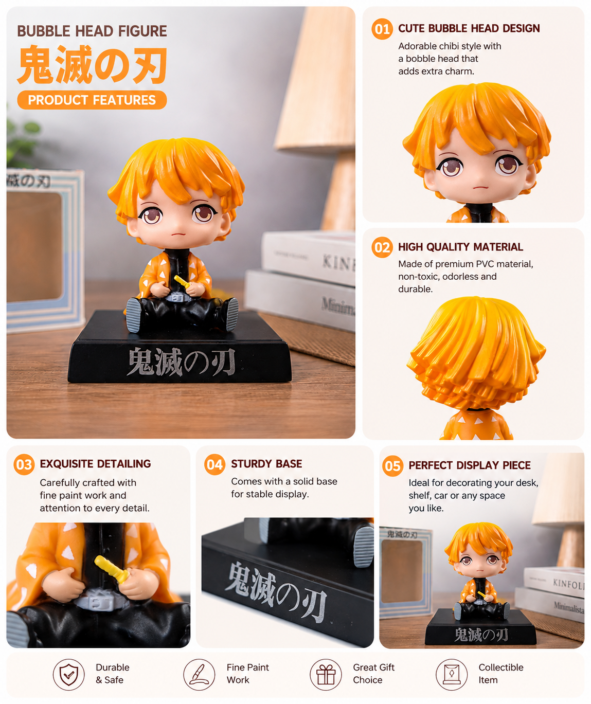 Zenitsu Agatsuma Demon Slayer Bobblehead Figure | Anime PVC Collectible Desk Toy with Sturdy Display Base | Cute Chibi Character Statue for Kids, Anime Fans, Car Dashboard, Room Decor & Gifting