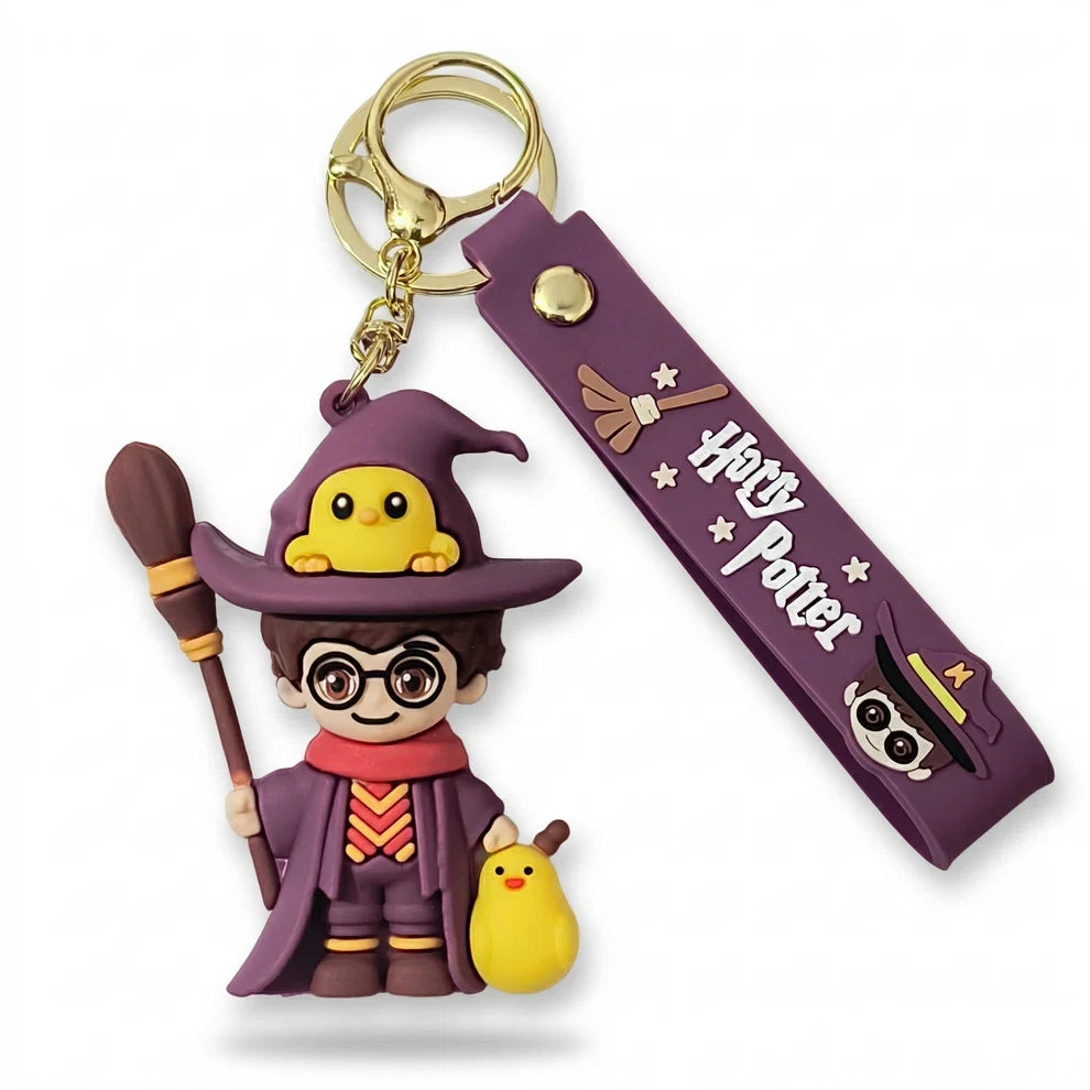 Harry Potter Inspired Chibi Wizard Keychain | Cute Magic Character Keychain with Purple Strap, Metal Ring & Clasp | Bag Charm for Backpack, School Bag, Keys & Gift