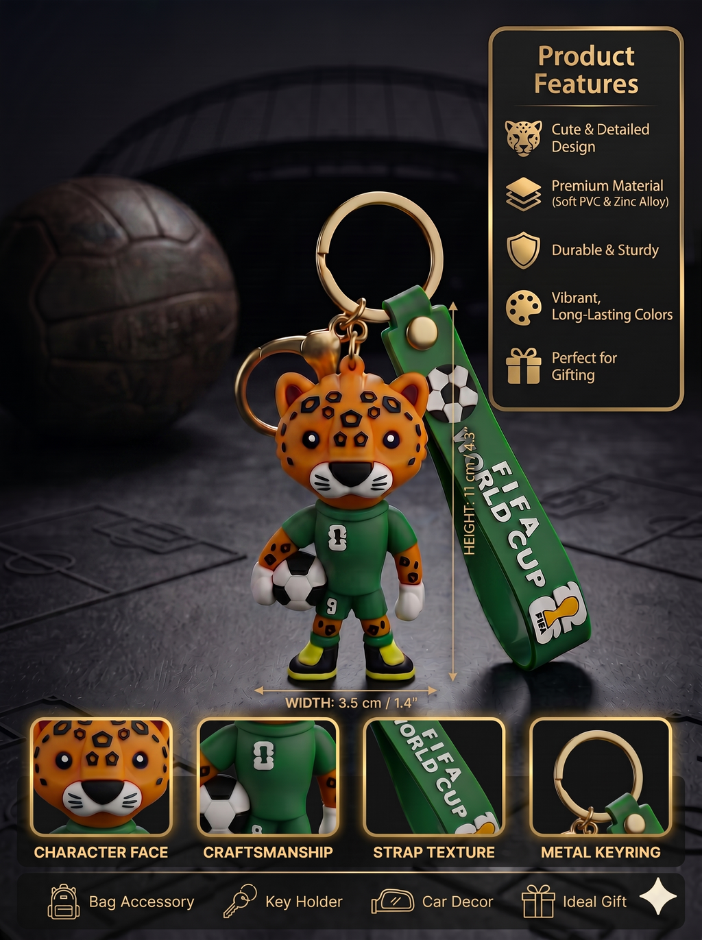 FIFA World Cup Leopard Football Keychain | Cute Animal Football Player PVC Charm Key Ring with Silicone Strap & Metal Clasp | Bag Accessory, Key Holder, Car Decor & Gift for Football Fans