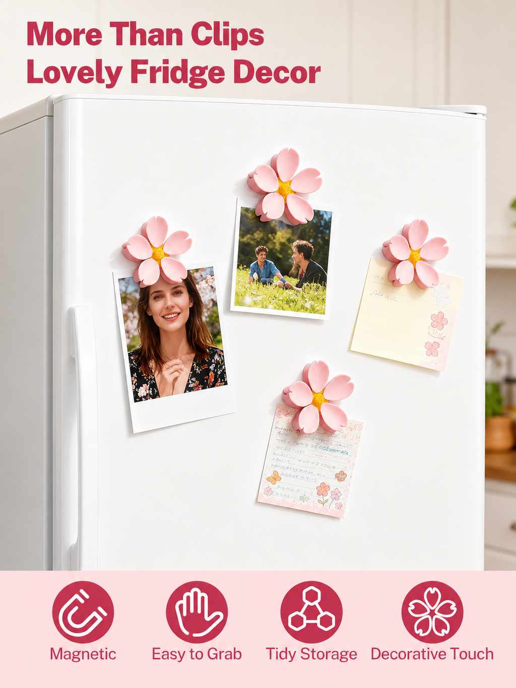Cute Sakura Flower Magnetic Fridge Clip | Decorative Refrigerator Magnet Clip | Strong Magnetic Memo Holder | Multi-Purpose Snack Bag Sealing Clip | Kitchen & Office Organizer (Pack of 1)