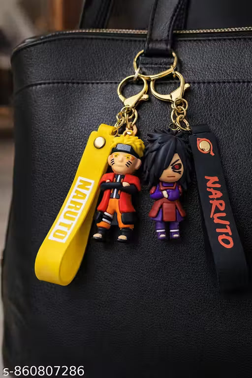 (Pack of 2) Naruto & Sasuke Anime Keychain Set | Naruto Uzumaki & Uchiha Sasuke Keyring with Strap | Anime Action Figure Keychain for Bags, Bike, Car & Gifts