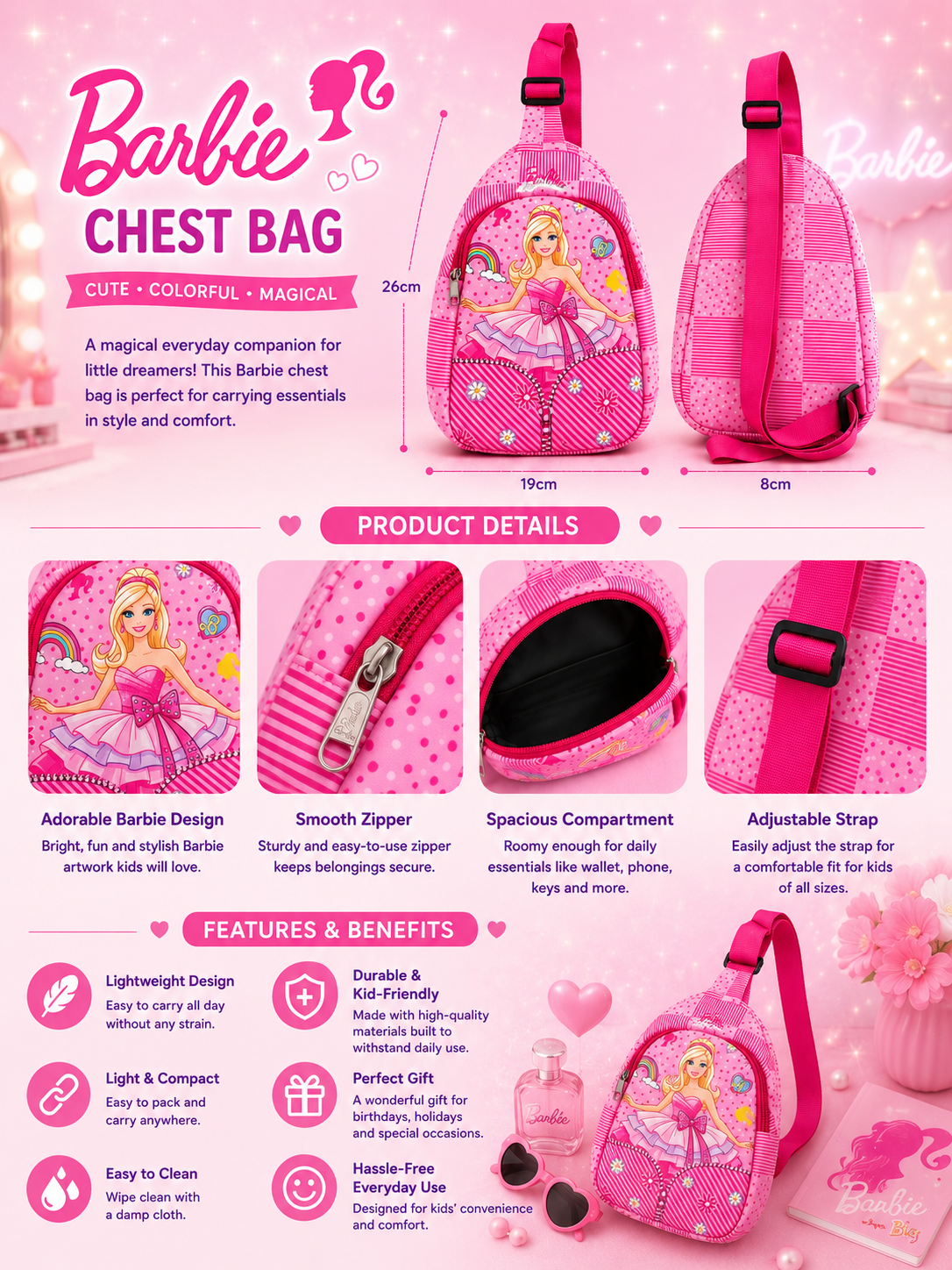 Barbie Chest Bag for Girls | Pink Kids Sling Crossbody Bag with Adjustable Strap & Smooth Zipper | Cute Mini Backpack for School, Travel, Day Out, Picnic & Gifting