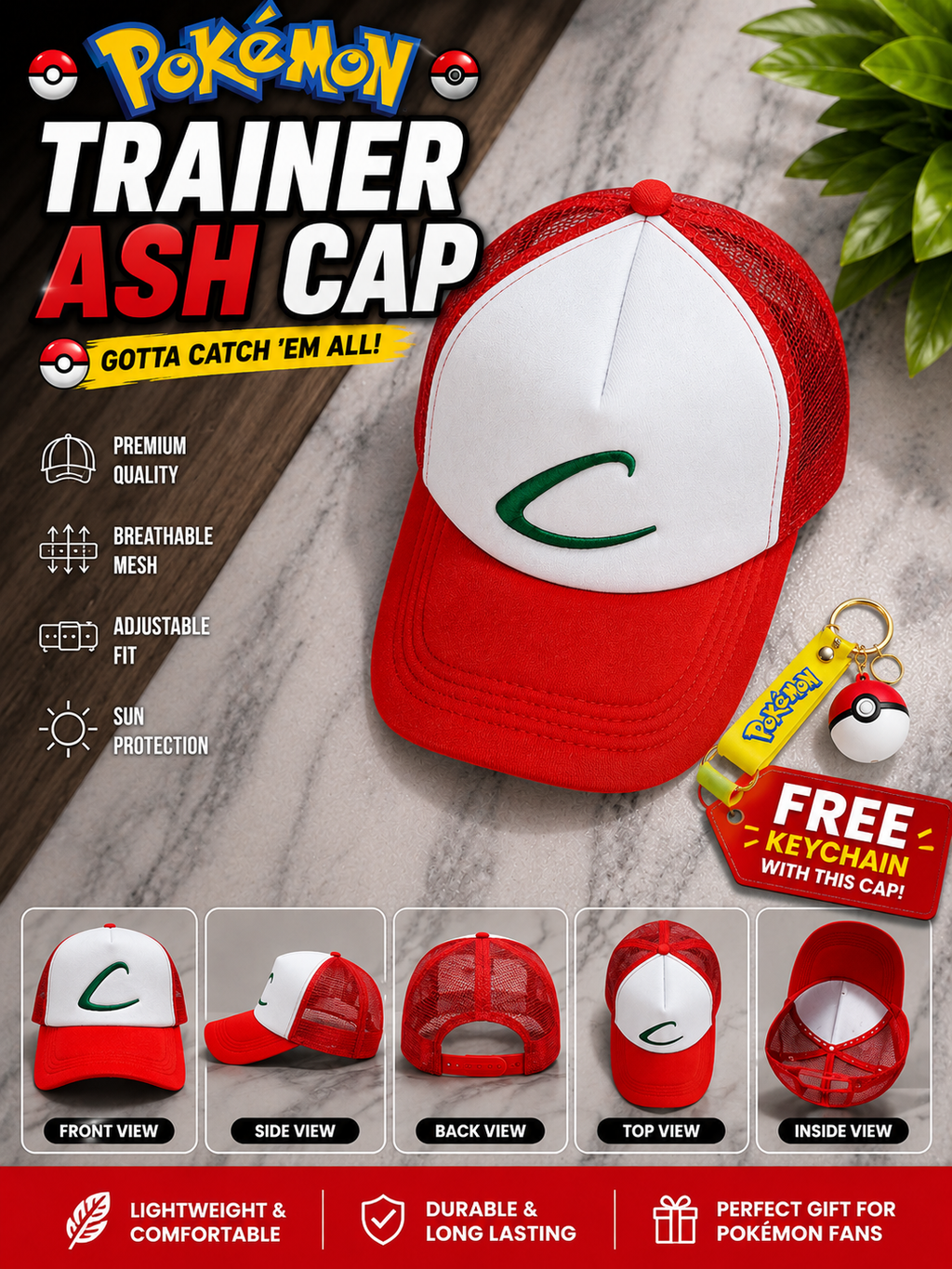 Ash Ketchum Pokémon Trainer Cap with Free Keychain | Red & White Anime Character Baseball Cap with Breathable Mesh & Adjustable Fit | Cosplay Hat for Kids, Fans & Gifting