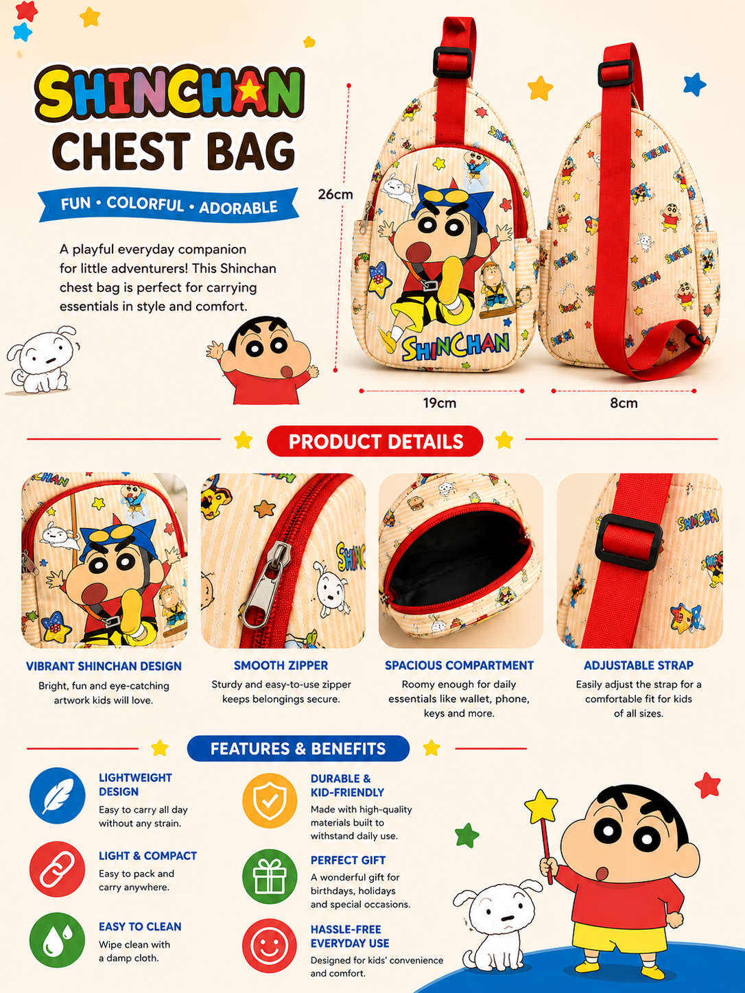 Shinchan Kids Chest Bag | Fun Colorful Cartoon Sling Bag with Spacious Compartment, Adjustable Shoulder Strap & Durable Zipper | Cute Bag for Boys & Girls