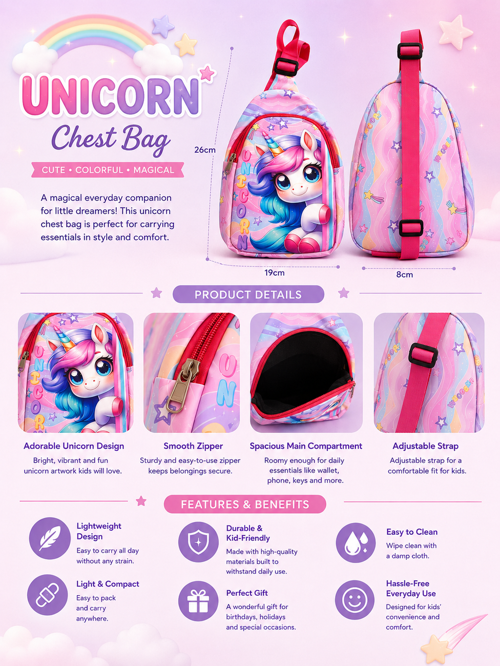 Unicorn Kids Chest Bag | Colorful Girls Sling Bag with Spacious Main Compartment, Adjustable Shoulder Strap & Durable Zipper | Cute Bag for School & Travel