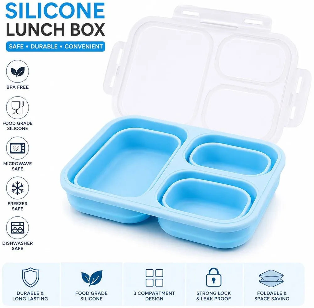 World Gift Mart BPA-Free Foldable Lunch Box| Leak-Resistant Meal Prep Bento Box 3 Containers Silicone School Lunch Box (500 ml, Microwave Safe)