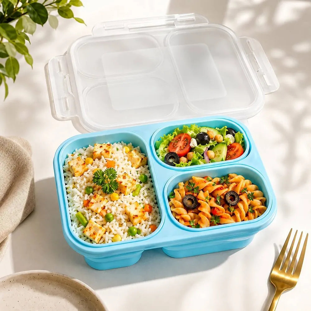 World Gift Mart BPA-Free Foldable Lunch Box| Leak-Resistant Meal Prep Bento Box 3 Containers Silicone School Lunch Box (500 ml, Microwave Safe)