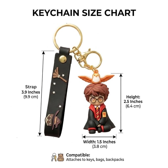 Harry Potter Inspired Owl Character Keychain | Premium Wizard Boy PVC Bag Charm with Black Strap, Gold Metal Ring & Clasp | Cute Key Holder for Bags, Keys, Backpack & Gift