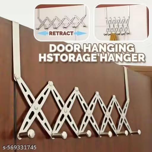 Stainless Steel Foldable No-Drill Over-the-Door Hanger | 6-Hook Expandable Clothes Organizer | Rust-Resistant Space-Saving Rack for Bedroom, Bathroom, Kitchen & Entryway