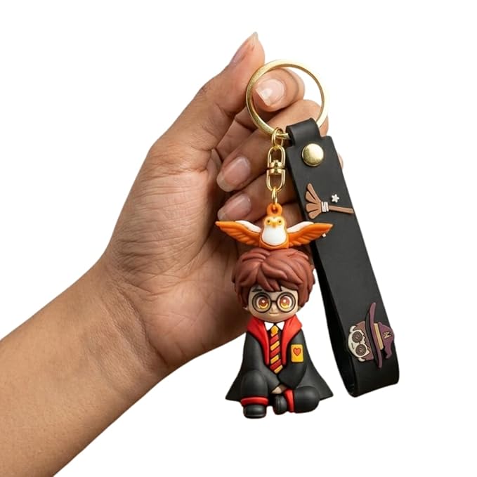 Harry Potter Inspired Owl Character Keychain | Premium Wizard Boy PVC Bag Charm with Black Strap, Gold Metal Ring & Clasp | Cute Key Holder for Bags, Keys, Backpack & Gift