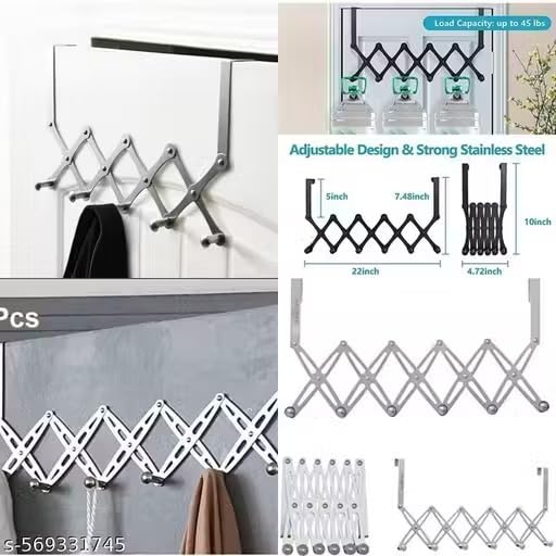 Stainless Steel Foldable No-Drill Over-the-Door Hanger | 6-Hook Expandable Clothes Organizer | Rust-Resistant Space-Saving Rack for Bedroom, Bathroom, Kitchen & Entryway