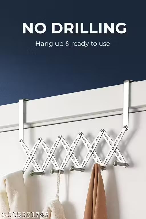 Stainless Steel Foldable No-Drill Over-the-Door Hanger | 6-Hook Expandable Clothes Organizer | Rust-Resistant Space-Saving Rack for Bedroom, Bathroom, Kitchen & Entryway