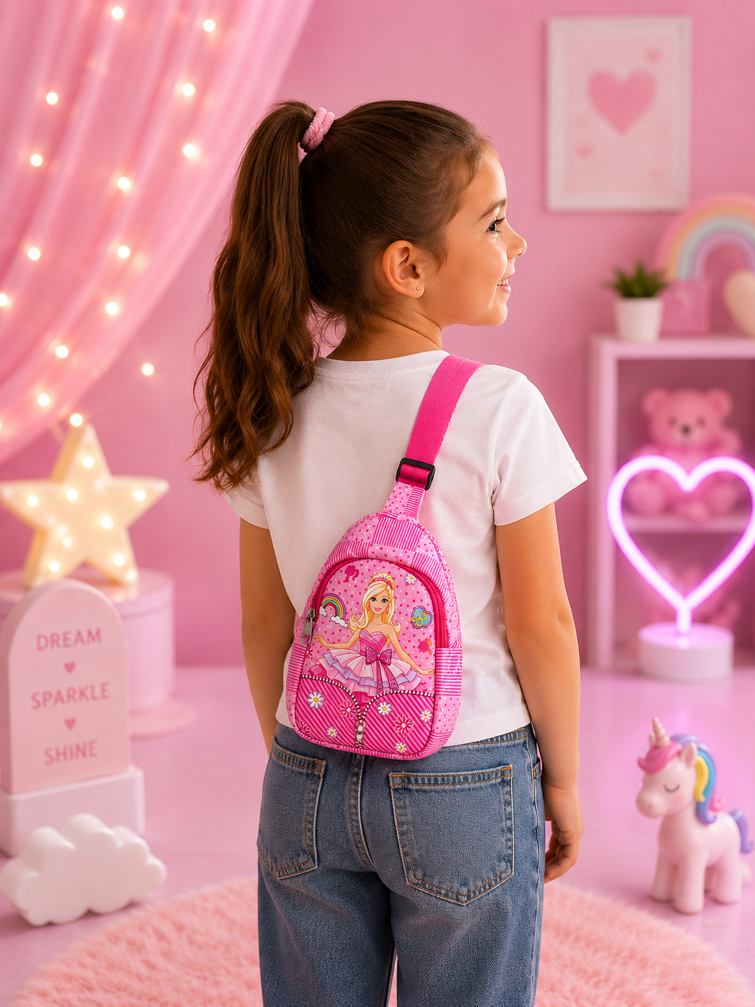 Barbie Chest Bag for Girls | Pink Kids Sling Crossbody Bag with Adjustable Strap & Smooth Zipper | Cute Mini Backpack for School, Travel, Day Out, Picnic & Gifting