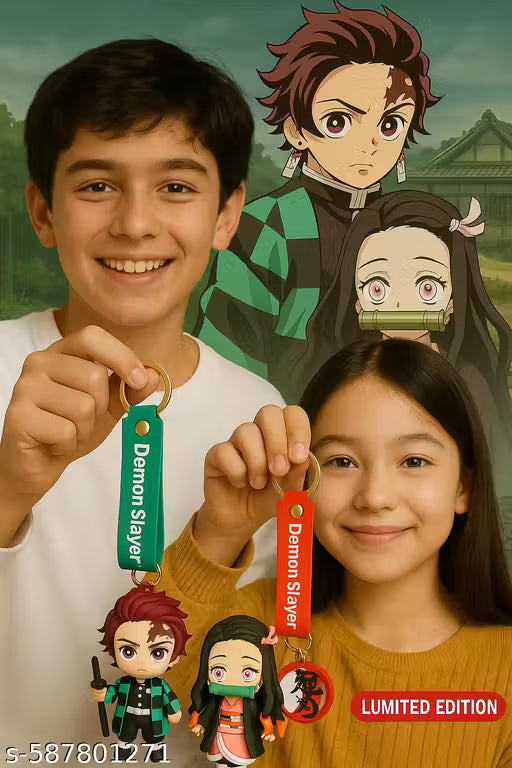 Stylish Demon Slayer Brother-Sister Combo Keychain Set | Tanjiro & Nezuko Cute Anime Keyring with Premium Strap | Limited Edition Gift for Friends & Couples