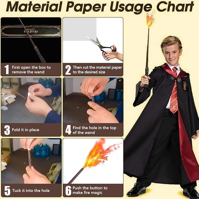 Harry Potter Fire Magic Wand | 38CM Wizard Wand, USB-C Charging Magic Trick Wand, Magic Paper & Gift Box for Kids, Fans, Cosplay & Gifting