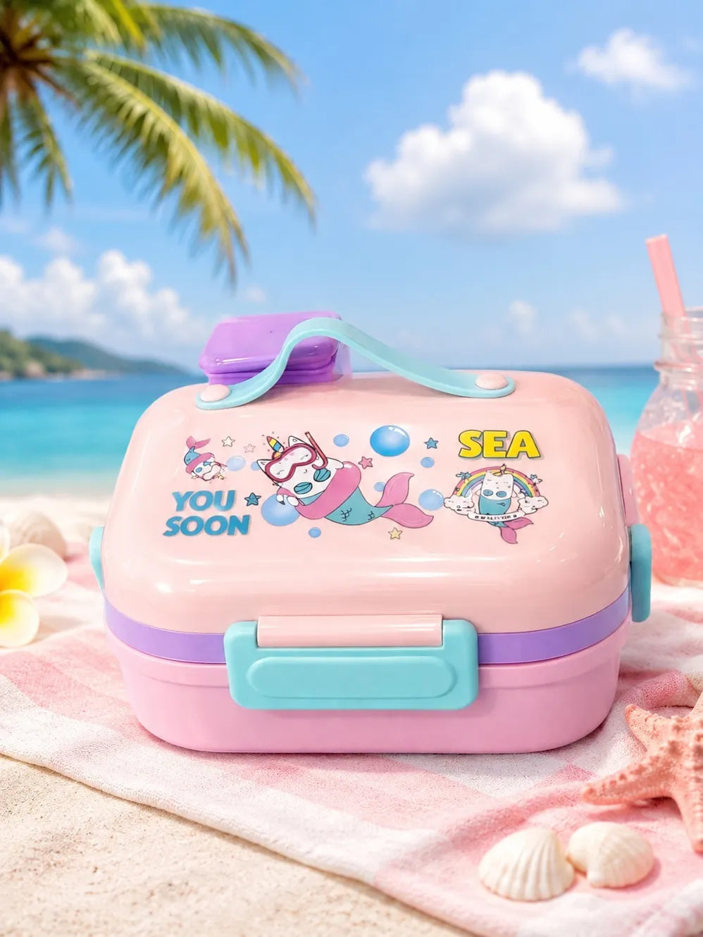 World Gift Mart Korea Imported Mermaid Stainless Steel Kids Tiffin Box Double Layer Leakproof 2 Containers Stainless Steel School Lunch Box (650 ml)