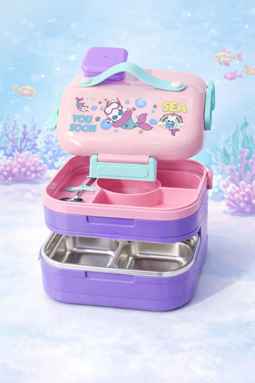 World Gift Mart Korea Imported Mermaid Stainless Steel Kids Tiffin Box Double Layer Leakproof 2 Containers Stainless Steel School Lunch Box (650 ml)
