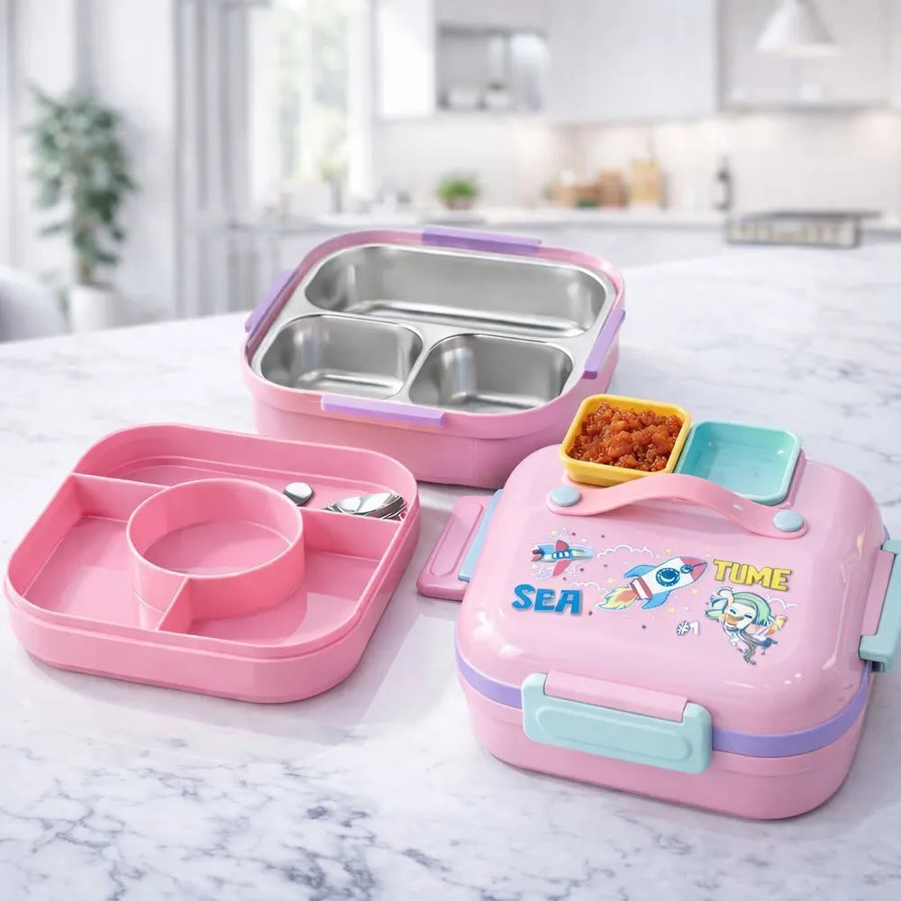 World Gift Mart Korea Imported Mermaid Stainless Steel Kids Tiffin Box Double Layer Leakproof 2 Containers Stainless Steel School Lunch Box (650 ml)
