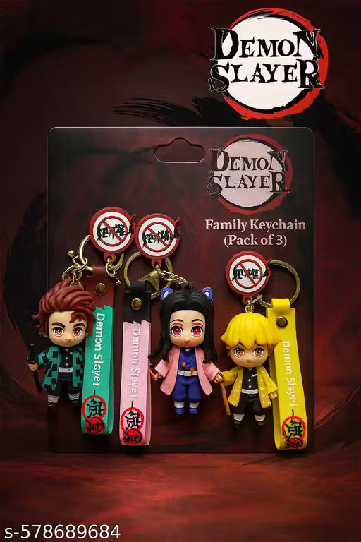 (Pack of 3) Anime Family Combo Keychain Set | Demon Slayer Rakhi Gift Edition (Tanjiro, Shinobu, Zenitsu) | Pack of 3 Cute Keychains with Anime Strap | Perfect Gift for Brothers & Sisters