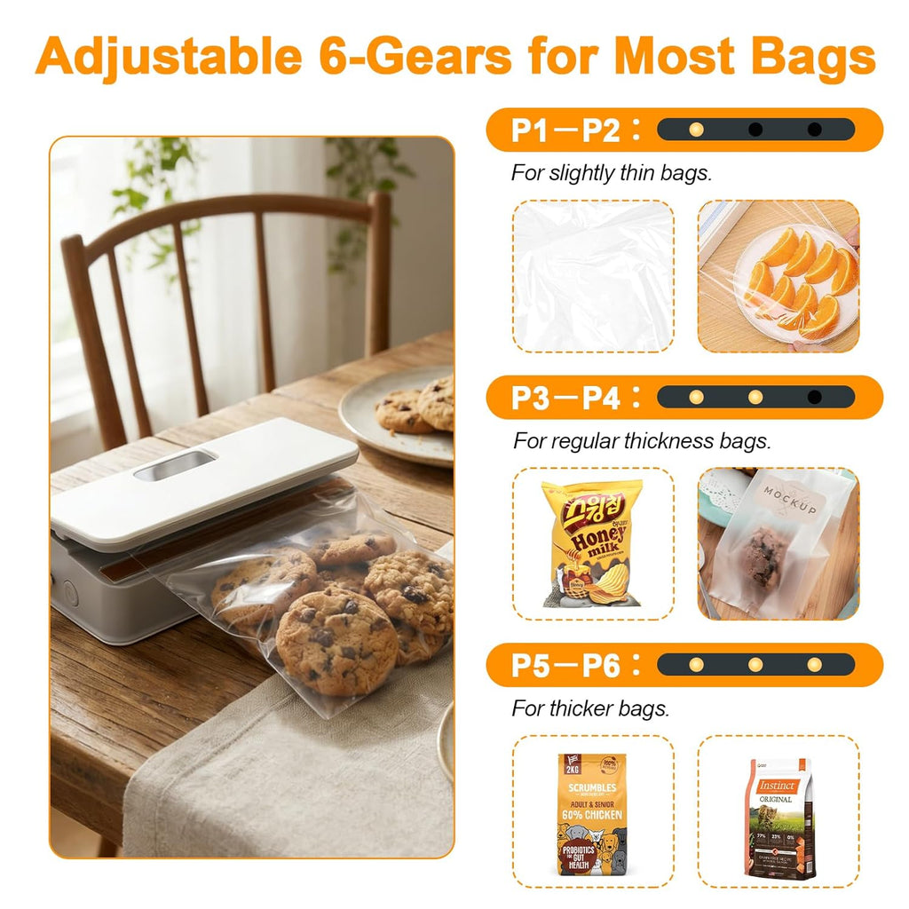 World gift mart Mini Bag Sealer, 6 Gear Adjustable Bag Sealer for Plastic Bags | Rechargeable Sealer Machine with LED Power Display, Portable Heat Sealer and Cutter, Bag Resealer for Chips Snacks Mylar