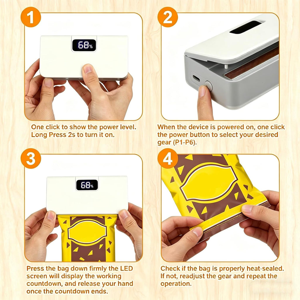 World gift mart Mini Bag Sealer, 6 Gear Adjustable Bag Sealer for Plastic Bags | Rechargeable Sealer Machine with LED Power Display, Portable Heat Sealer and Cutter, Bag Resealer for Chips Snacks Mylar