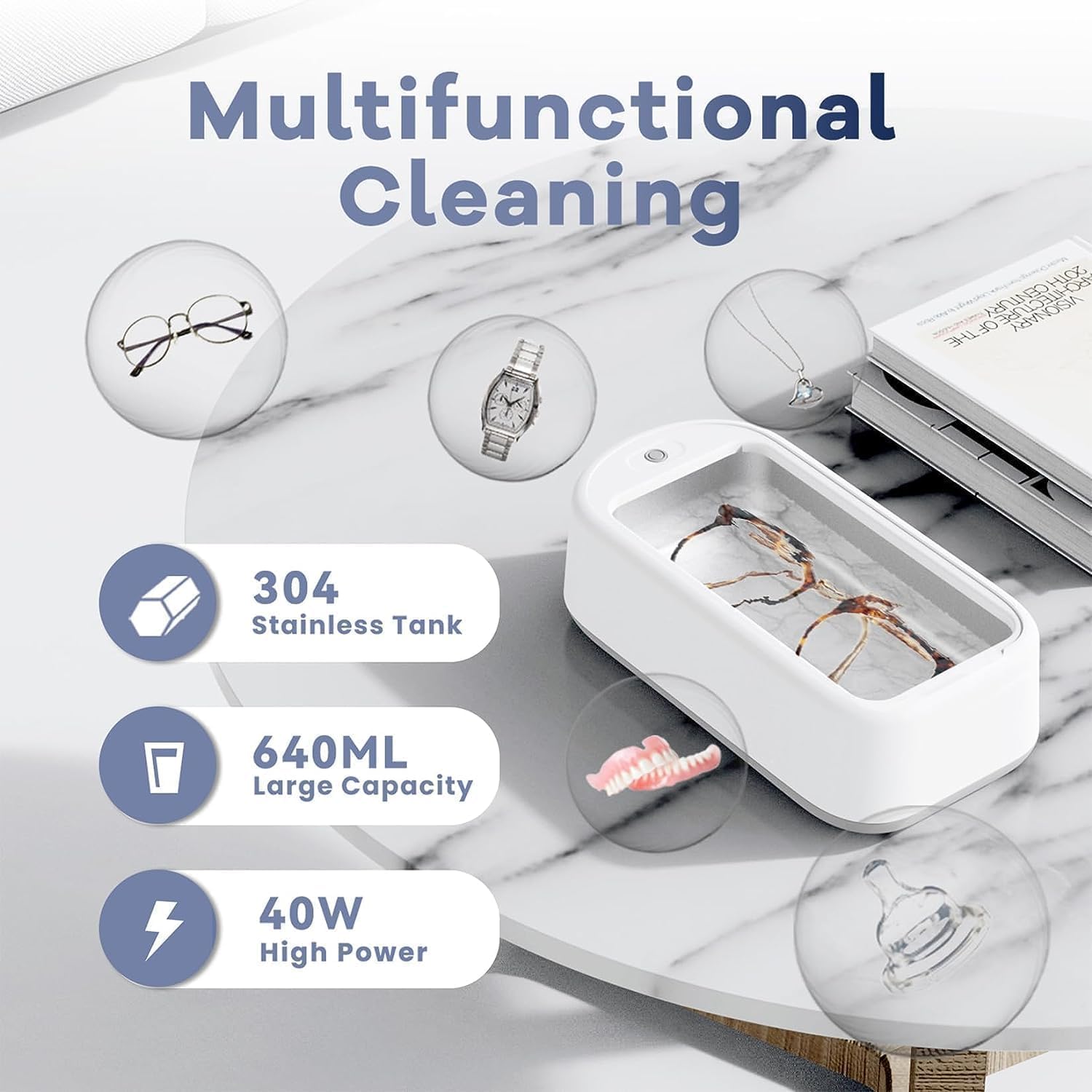 Ultrasonic Jewelry Cleaner Ring Machine Cleaning 46KHz Portable Glasses Watch Device Denture Professional Home for Rings Compact Electric Eyeglass Small Multi Purpose 350ML (Jewelry Cleaner) 2 color available