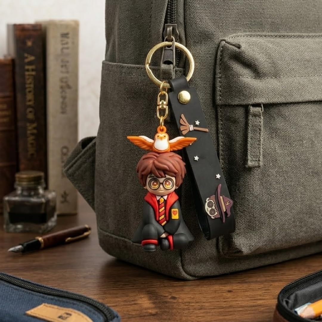 Harry Potter Inspired Owl Character Keychain | Premium Wizard Boy PVC Bag Charm with Black Strap, Gold Metal Ring & Clasp | Cute Key Holder for Bags, Keys, Backpack & Gift