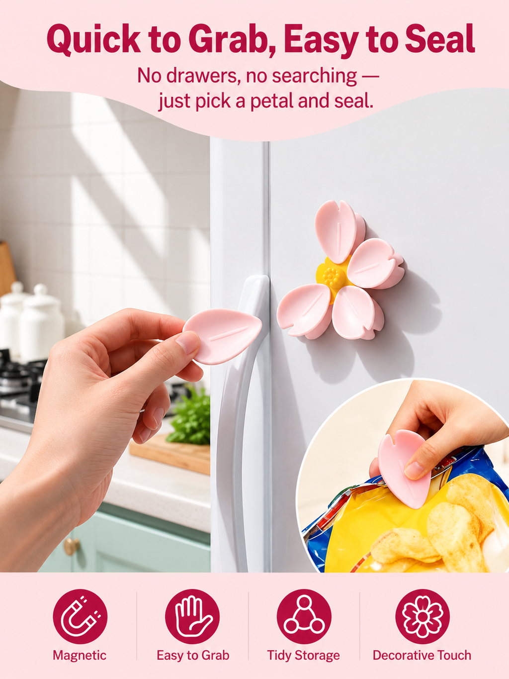 Cute Sakura Flower Magnetic Fridge Clip | Decorative Refrigerator Magnet Clip | Strong Magnetic Memo Holder | Multi-Purpose Snack Bag Sealing Clip | Kitchen & Office Organizer (Pack of 1)