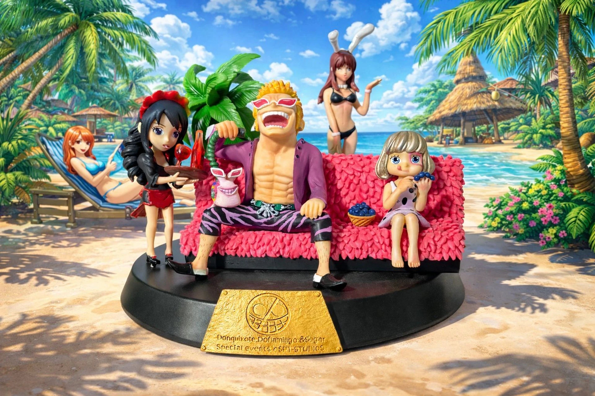World Gift Mart Anime Style Beach Party Collectible Figurine | Premium Showpiece Sofa Base 30Cm (Multicolor)