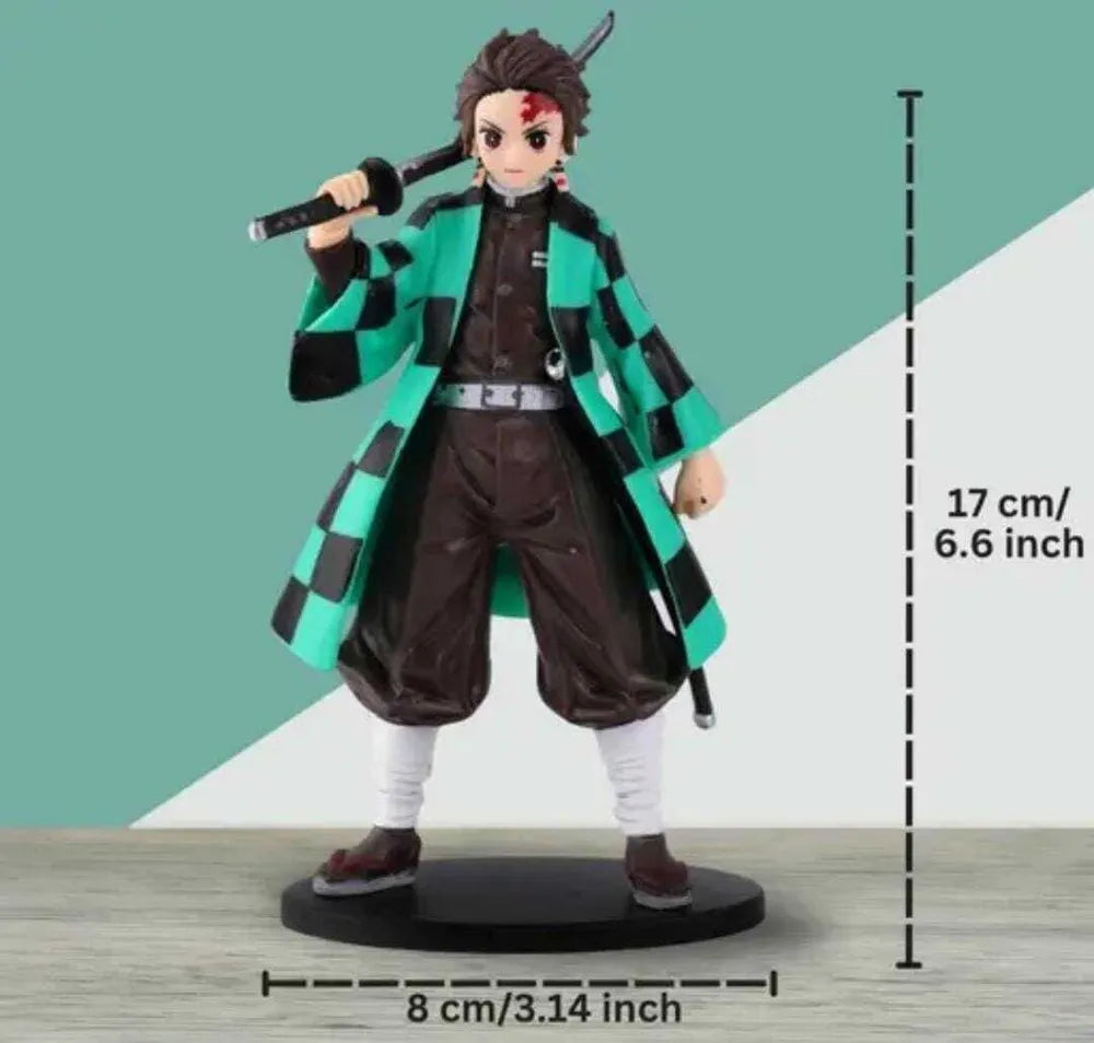 Demon Slayer Tanjiro Kamado Action Figure 17 cm | Anime Swordsman Collectible Statue with Katana & Green Checkered Haori | Desk Decor, Gaming Setup, Collection & Gift