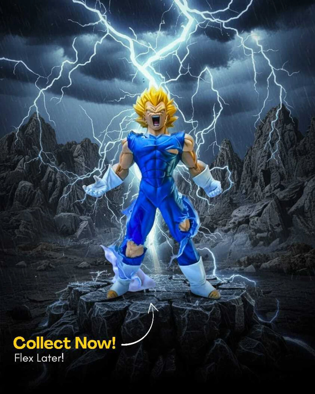 World Gift Mart Power Warrior Super Saiyan Action Figure | Battle-Damaged Armor Collectible (Blue)