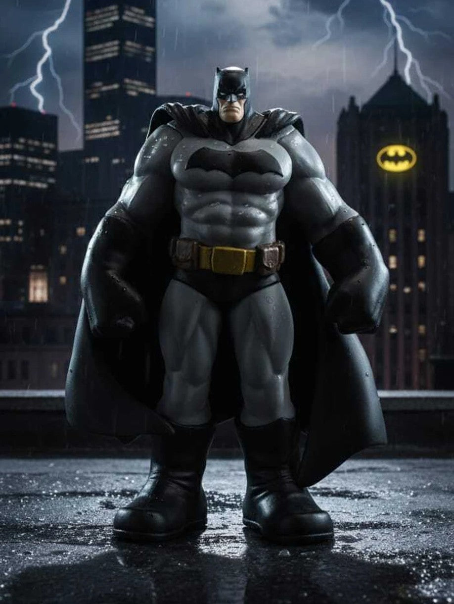 Batman Dark Knight Action Figure 25 cm | Premium Muscular Superhero Collectible Statue with Black Cape & Detailed Grey Suit | Desk Decor, Gaming Setup, Shelf Display & Gift for DC Fans