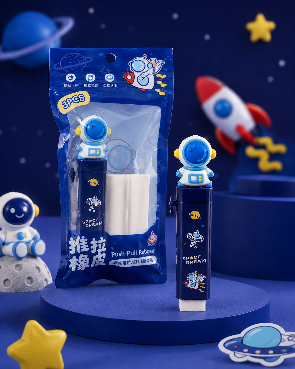 Astronaut Space Theme Push Pull Eraser Set for Kids | Cute Cartoon Mechanical Eraser with 2 Eraser Sticks | Non-Dust Soft Rubber Eraser for School, Students, Stationery, Return Gifts & Pencil Box