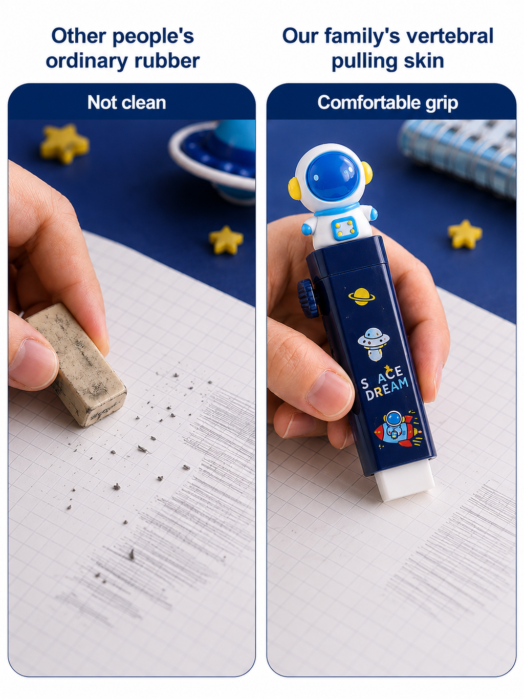 Astronaut Space Theme Push Pull Eraser Set for Kids | Cute Cartoon Mechanical Eraser with 2 Eraser Sticks | Non-Dust Soft Rubber Eraser for School, Students, Stationery, Return Gifts & Pencil Box