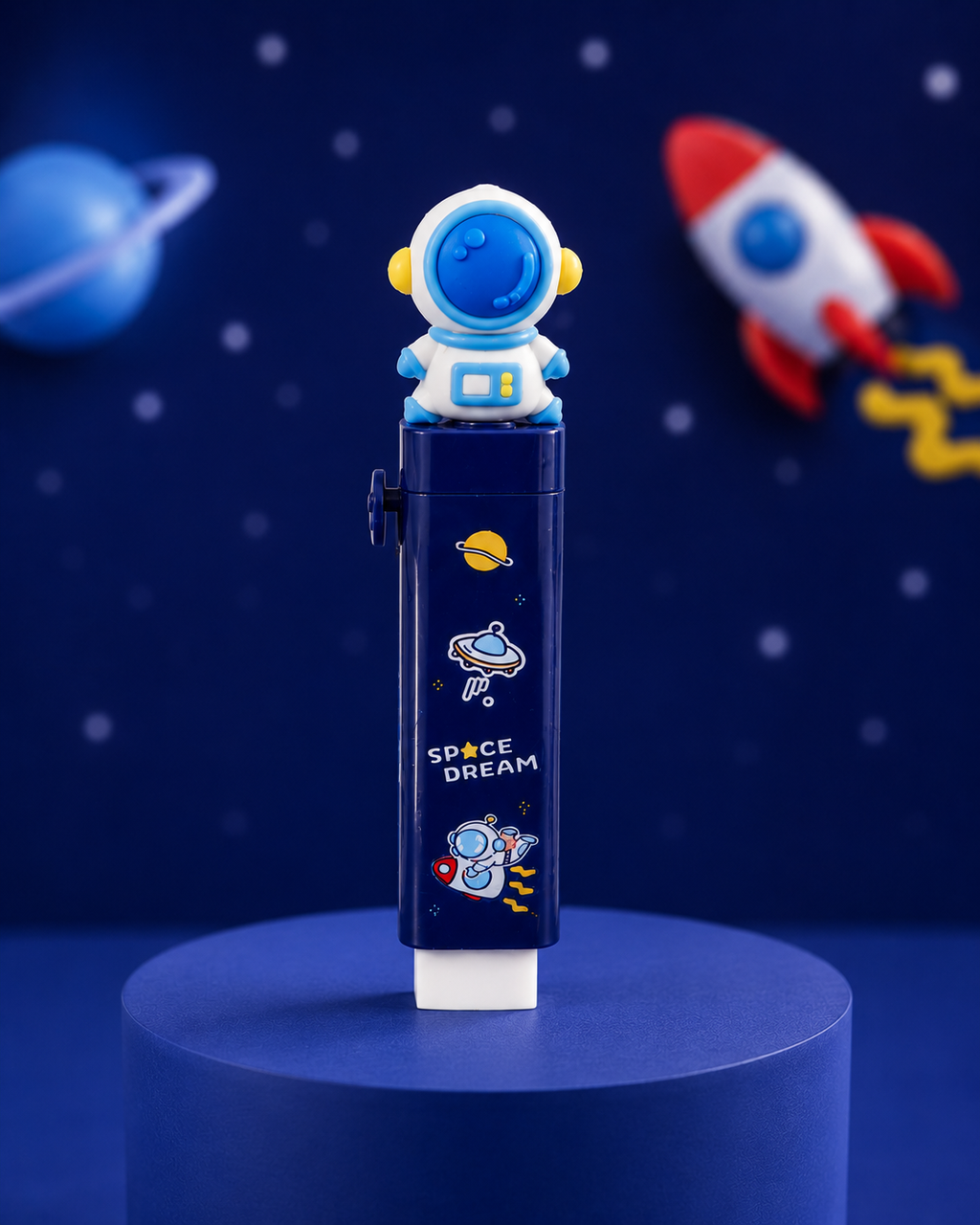 Astronaut Space Theme Push Pull Eraser Set for Kids | Cute Cartoon Mechanical Eraser with 2 Eraser Sticks | Non-Dust Soft Rubber Eraser for School, Students, Stationery, Return Gifts & Pencil Box