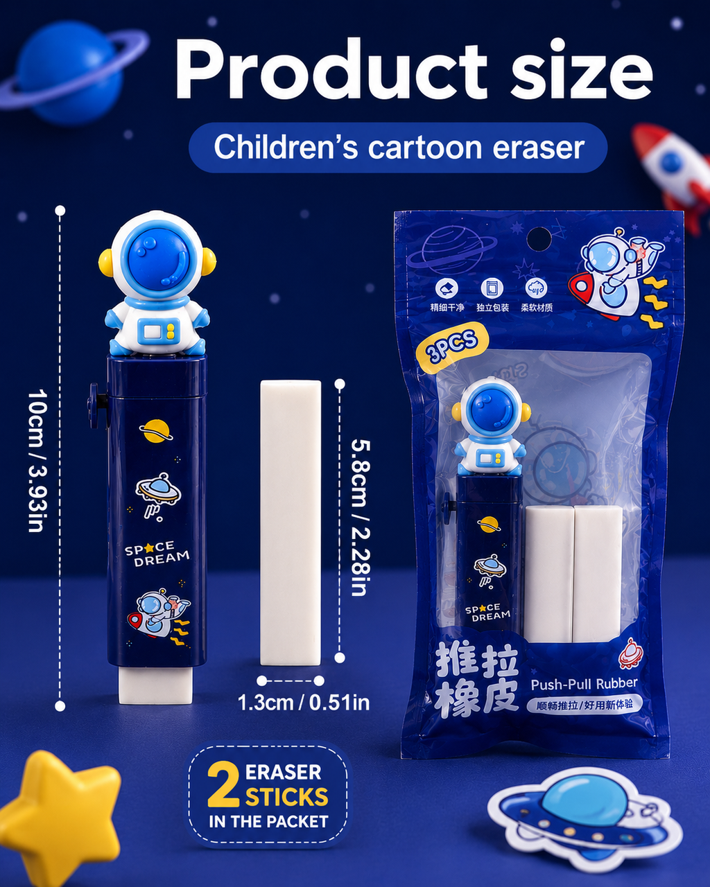 (pack of 2) Cartoon Push Pull Eraser Combo for Kids | Unicorn & Astronaut Theme Eraser Set with Refill Sticks | Cute School Stationery Rubber Eraser for Boys, Girls, Students, Pencil Box & Return Gifts