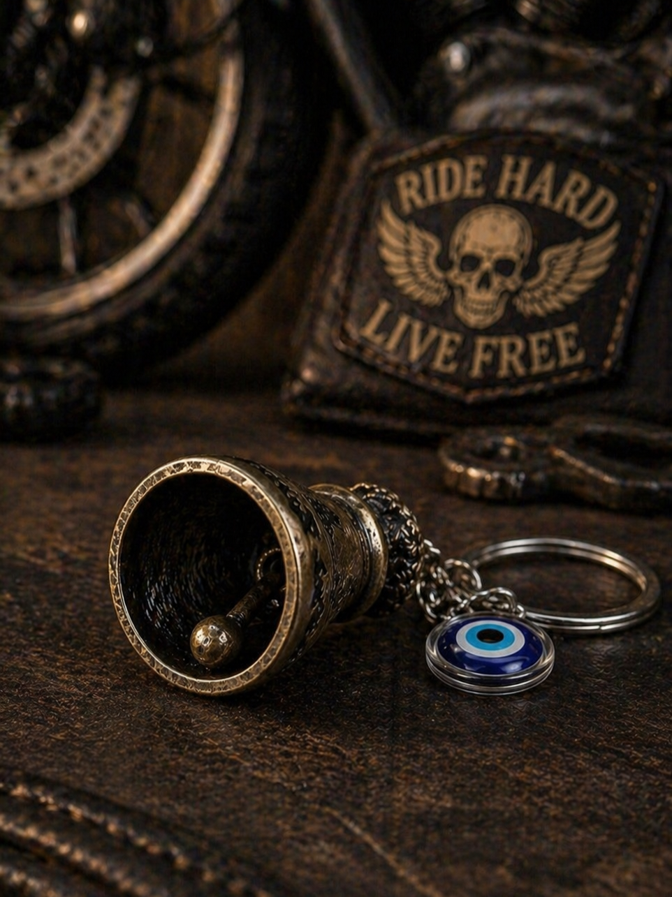 Guardian Bell Keychain for Bikers | Antique Brass Motorcycle Bell with Evil Eye Charm | Metal Good Luck Bell for Bike, Car Keys, Backpack, Rider Gift & Protection Accessory