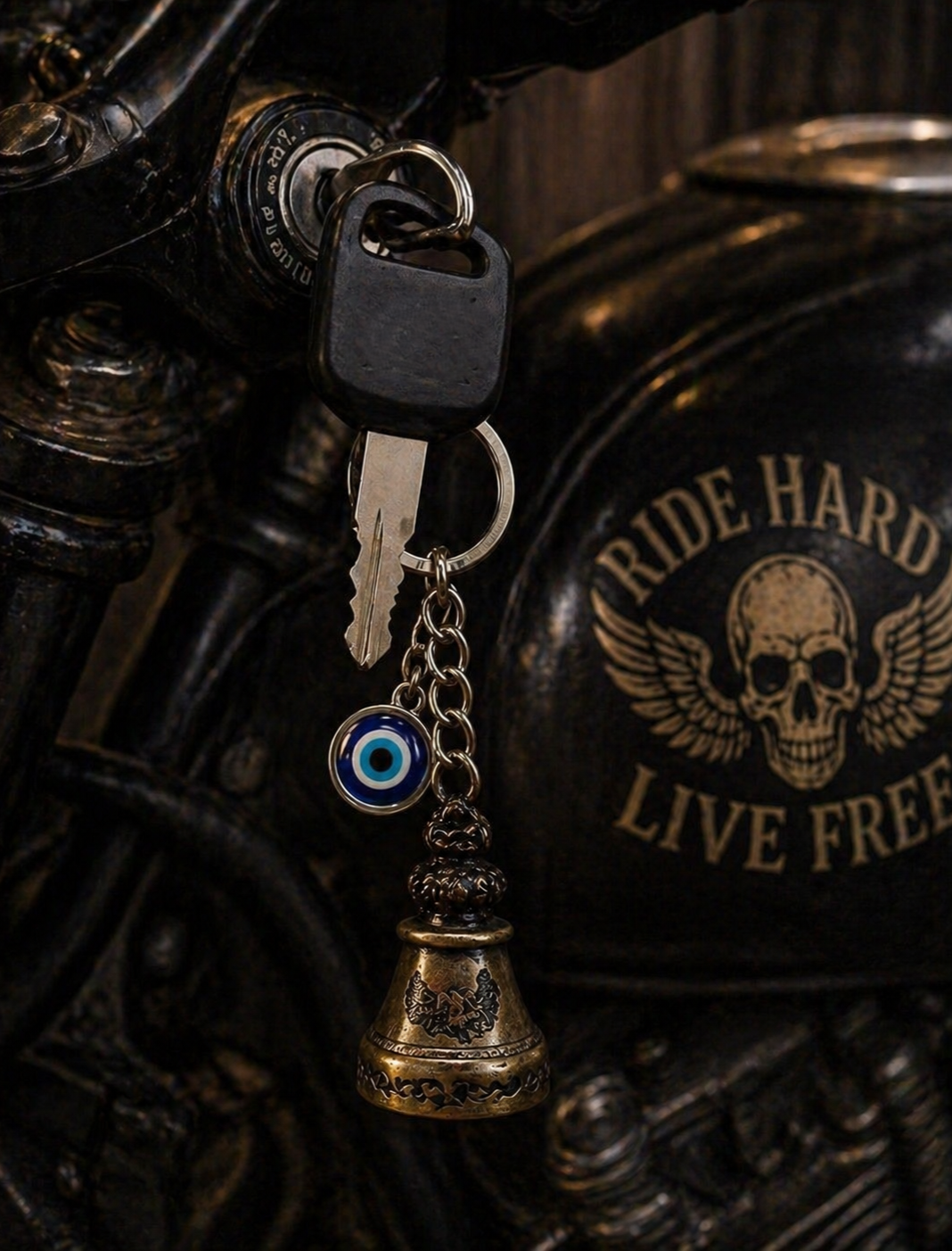 Guardian Bell Keychain for Bikers | Antique Brass Motorcycle Bell with Evil Eye Charm | Metal Good Luck Bell for Bike, Car Keys, Backpack, Rider Gift & Protection Accessory