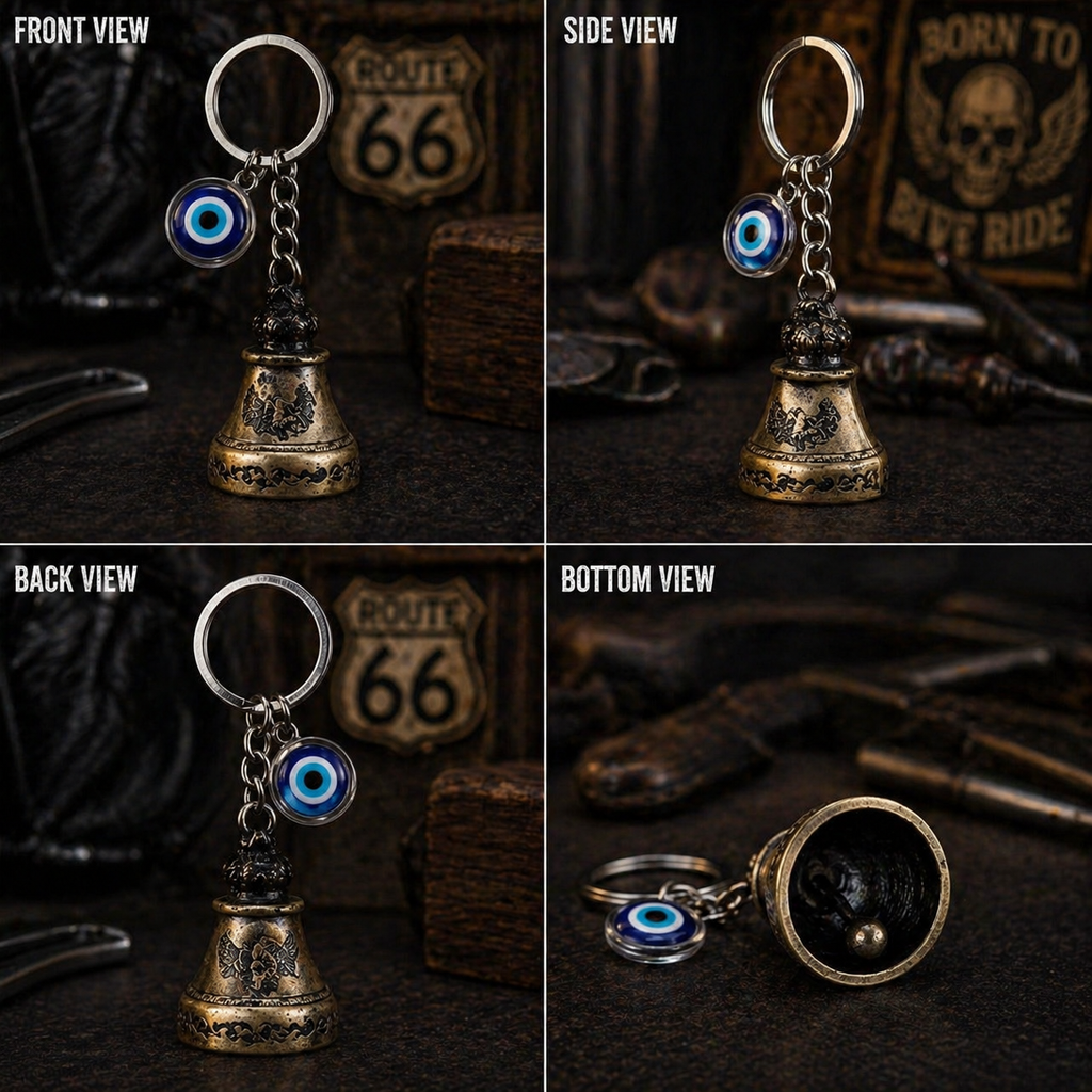 Guardian Bell Keychain for Bikers | Antique Brass Motorcycle Bell with Evil Eye Charm | Metal Good Luck Bell for Bike, Car Keys, Backpack, Rider Gift & Protection Accessory